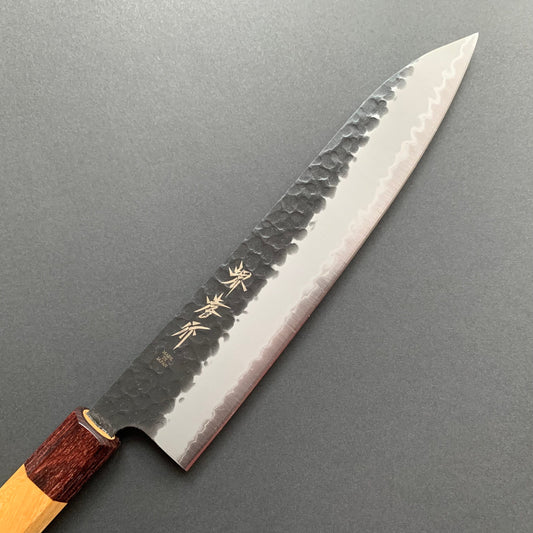 Gyuto knife, Aogami Super carbon steel with stainless steel cladding, Kurouchi Tsuchime finish, Wa handle - Sakai Takayuki