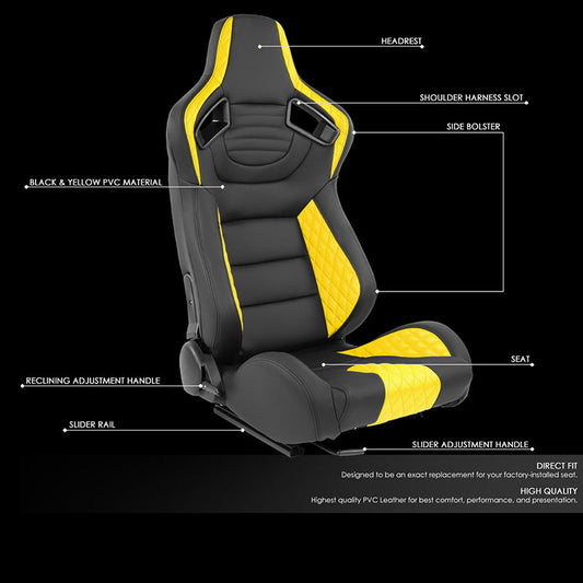 Yellow Quilted Pattern Padded Racing Seat <BR>21 X 22 X 38 In. Overall Dimensions