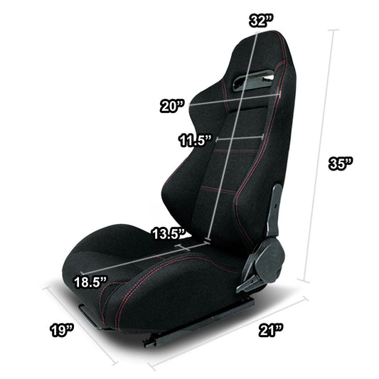 Left / Driver Side Reclinable Red Stitch Woven Upholstery Cloth Racing Seat w/Universal Slider