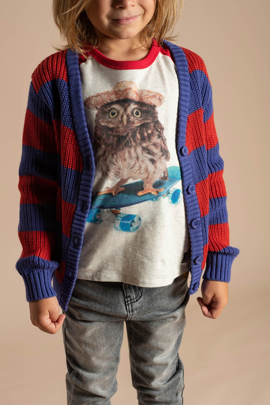 BLUE AND RED STRIPE KNIT CARDIGAN