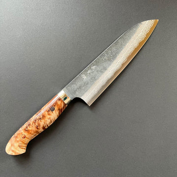 Santoku knife, Aogami Super with stainless steel cladding, Western style Maple wood handle, Kurouchi finish - Kato