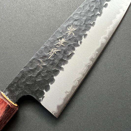 Santoku knife, Aogami Super carbon steel with stainless steel cladding, Kurouchi Tsuchime finish, Wa handle - Sakai Takayuki