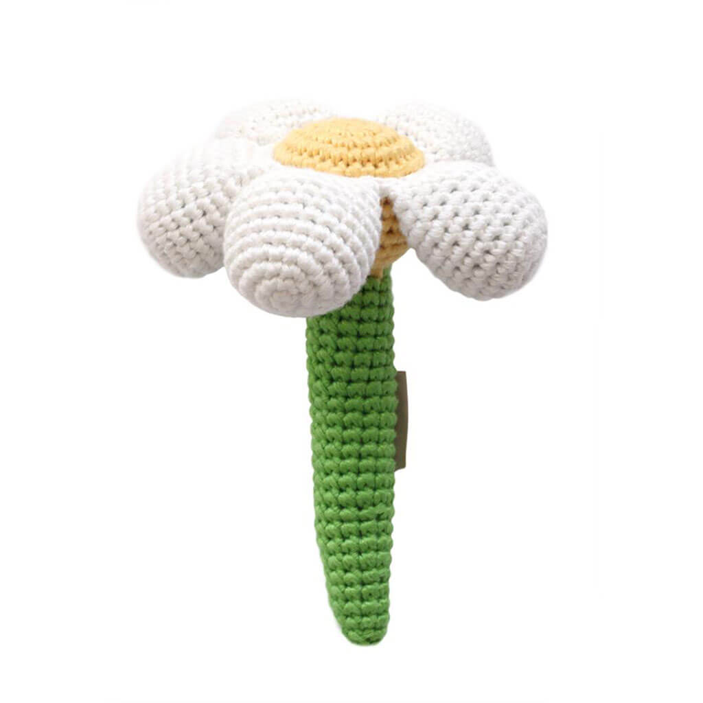 Crochet Stick Rattle Flower Daisy White