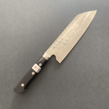 Santoku knife, Shirogami 1 with stainless steel cladding, nashiji finish, western handle, Maboroshi range- Fujiwara