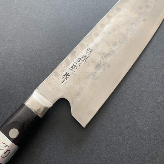 Santoku knife, Shirogami 1 with stainless steel cladding, nashiji finish, western handle, Maboroshi range- Fujiwara