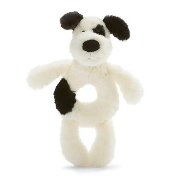 Jellycat Ring Rattle Black and Cream Puppy